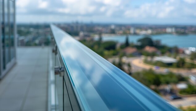 Frameless laminated glass railing for balcony, close-up
