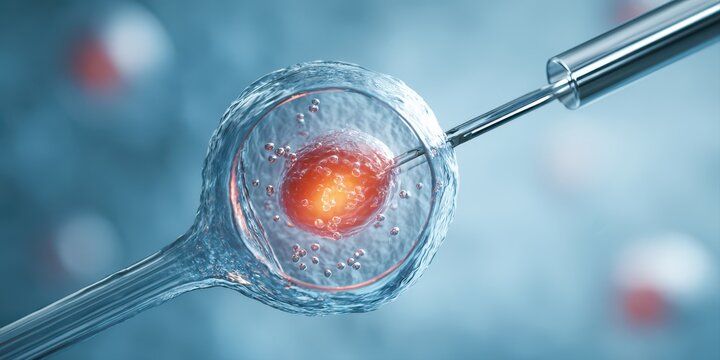 a detailed illustration of an ivf in vitro fertilization procedure, showing the tip of a needle going through the thin wall of an animated cell with visible liquid