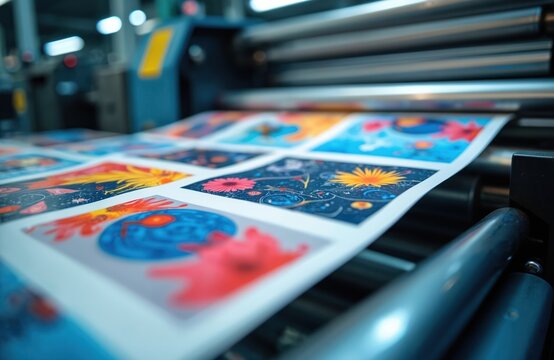 Large format industrial printer produces colorful sheets with floral designs and abstract art. High speed roll to roll printing machine creates commercial labels and packaging graphics.