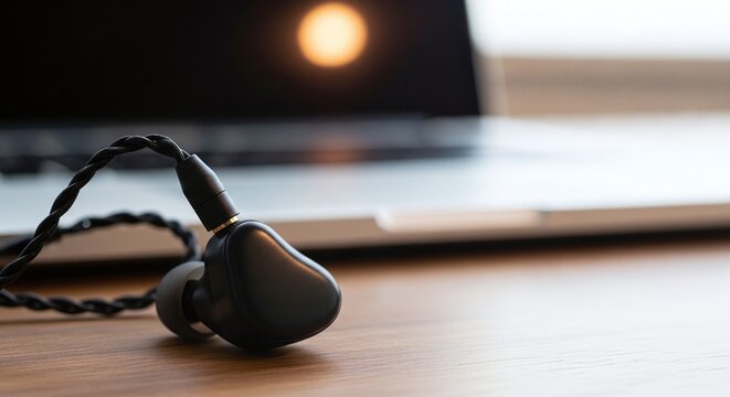Unbranded In-Ear Monitor Earphones Beside Laptop on Desk