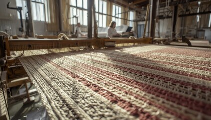 Linen yarn woven on looms in a mill. Belarusian design. Shallow depth of field