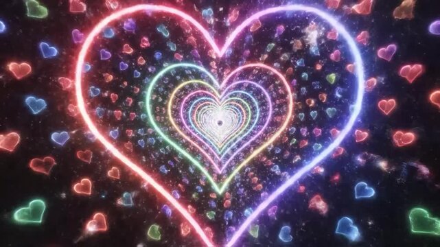 Vibrant neon heart tunnel creates an endless romantic journey through