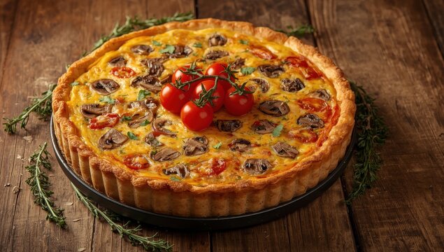 Mushroom and cherry tomato quiche on a wooden surface