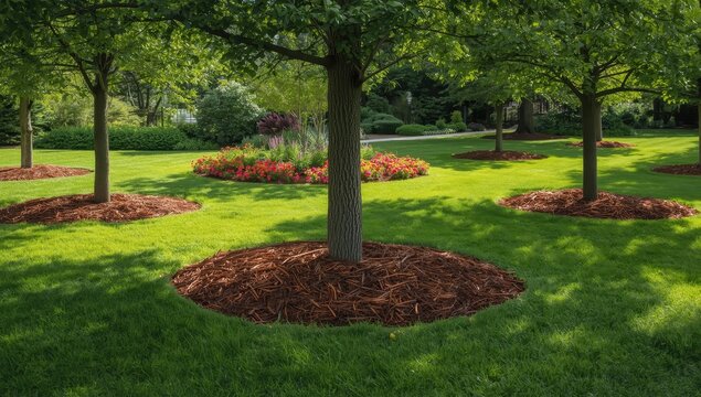 Pine bark mulches around tree bases protect plants from drying soil on a sunny lawn