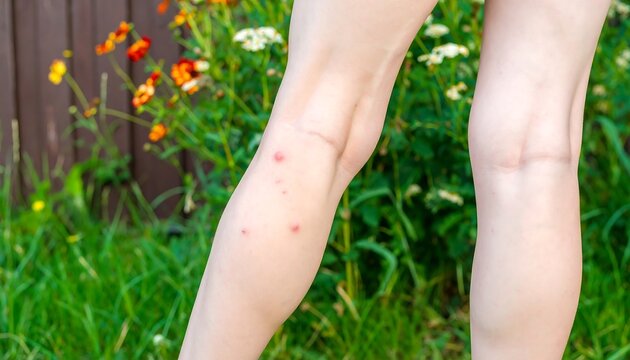 Red bite marks on woman's calves, surrounded by greenery