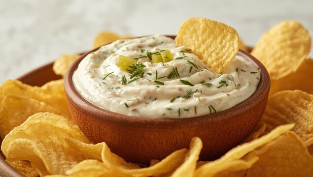 Side view close-up of creamy pickle dip with potato chips