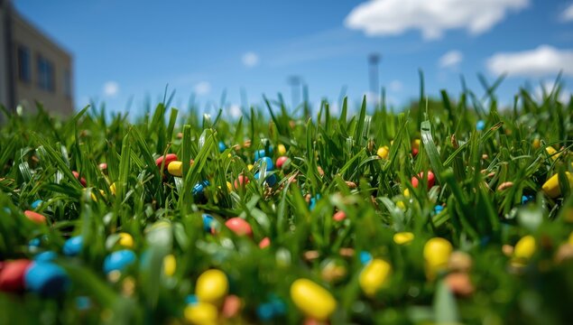 Surface of synthetic turf and rubber granules in playgrounds