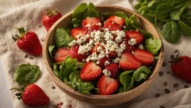 Tasty and nutritious spinach salad with strawberries and blue cheese