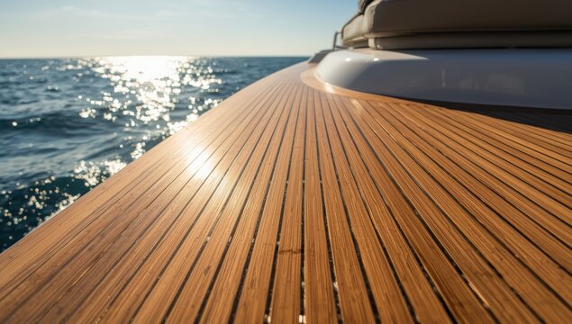 Texture of teak deck. Wooden surface on luxury yacht. Yachting theme