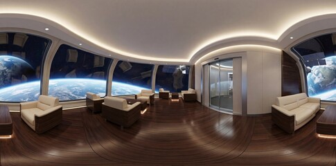 Fototapeta premium Futuristic Space Hotel Lounge with Earth View and Luxury Interior 360 Panorama. A high-end 360-degree panoramic view of a luxury space station lounge featuring modern white seating, elegant lighting, 