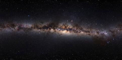 Panoramic View of the Milky Way Galaxy and Galactic Center Star Field.
High-resolution 360-degree panoramic view of the Milky Way galaxy, showing the glowing galactic center, dark nebulae, and billion