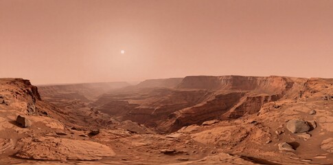 Breathtaking panoramic view of a massive Martian canyon under a dusty red sky with the sun low on the horizon, showcasing alien geology and rugged terrain.
