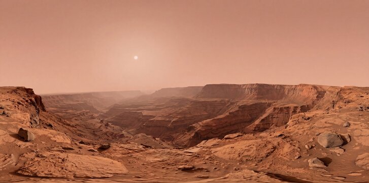 Breathtaking panoramic view of a massive Martian canyon under a dusty red sky with the sun low on the horizon, showcasing alien geology and rugged terrain.