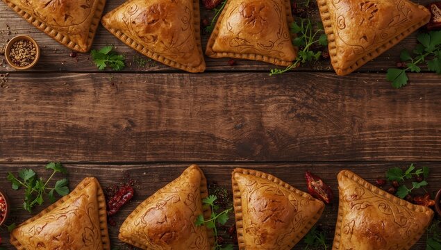 Wooden table with traditional Middle Eastern fatayer, overhead view