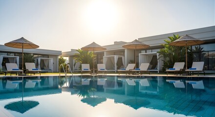 Fototapeta premium Luxury resort swimming pool reflections at sunrise with lounge chairs and umbrellas, tropical getaway background.