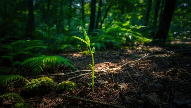 bamboo shoot rising from the soil in the dark foliage