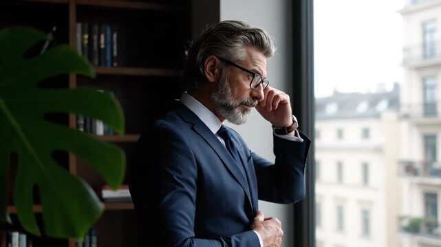 Experienced businessman in a sophisticated suit, adjusting his glasses while looking thoughtfully out of a large window, reflecting on strategy in a modern office environment