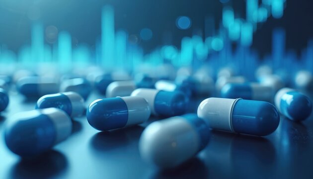 Blue and white capsules fill foreground. Blurred blue bar graph rises behind. Represents pharma growth, medical finance, health tech advancement, drug market trends.