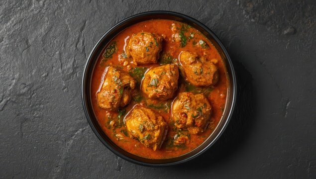 Spinach chicken vindaloo in a black bowl on a dark slate surface. Traditional Indian spicy curry. Overhead perspective. Blank area