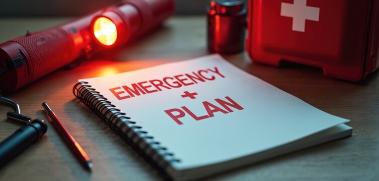 Emergency plan notebook, red flashlight, first-aid kit, and pen on desk. Preparedness for disaster response, safety, and survival essentials for crisis situations.