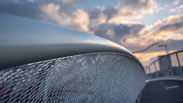 A detailed view of the white, curved metal mesh of the JIS pedestrian bridge, set against a cloudy sky with sunset hints, highlighting its contemporary design