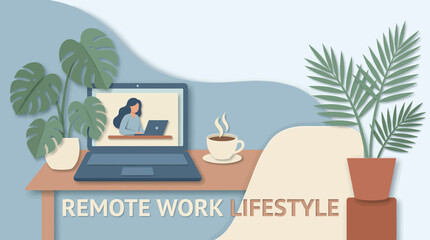 Modern Work-From-Home Scene Digital Illustration of Remote Professional Productivity with Laptop, Plants, and Coffee Cup