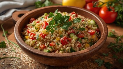 Bulgur salad with tomatoes, cucumbers, and parsley. Tabouleh. Middle Eastern dish. Empty space