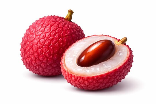 Two bright red lychee fruits with rough spiky textured skin, one cut open revealing translucent white flesh and large shiny brown seed inside, soft shadow beneath on clean background