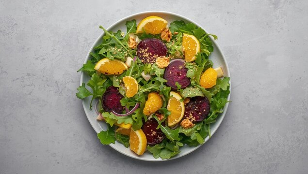 Plant-based salad featuring roasted beets, tangerine, red onion, lettuce, sesame, and arugula, on a gray backdrop, overhead perspective