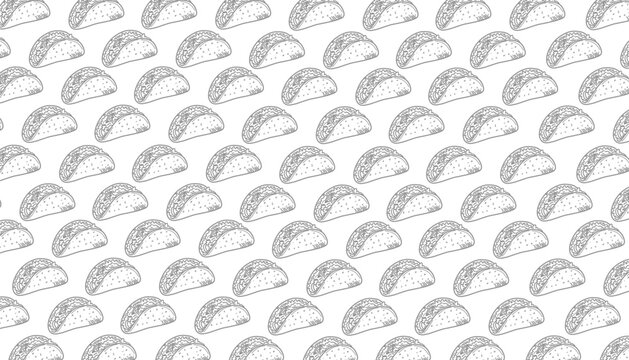 Taco Seamless Pattern. Mexican Food Repeating Motif. Hand Drawn Outline Illustration. Monochrome And Color Variations. Packaging Textile Background Design.