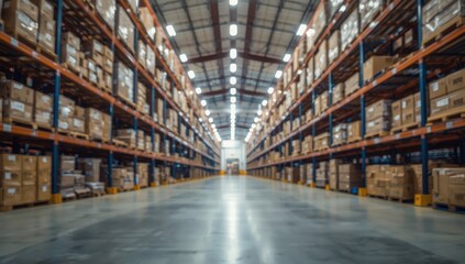 Fototapeta premium Blurred image of a large warehouse interior featuring aisles of pallet racks and boxes illuminated by bright industrial lights
