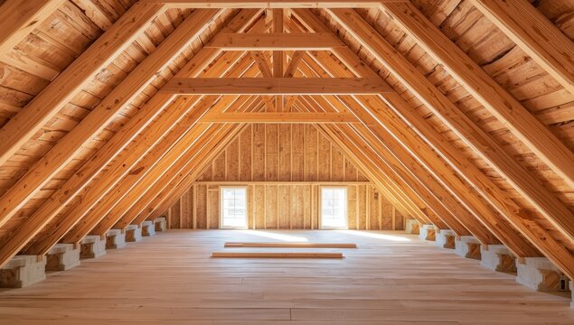 Incomplete attic wood framing with moisture barrier, dormer, and windows. Look at timber supports on aerated concrete in a mansard. Contemporary farmhouse build