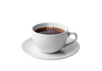 Obraz premium Brilliant white glazed ceramic teacup, rich dark black tea, ethereal steam rising, close-up commercial studio macro shot on seamless high-key white background. concept for luxury beverage advertising