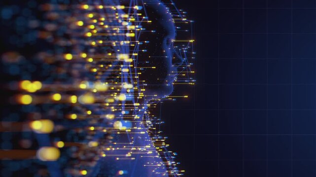 Seamless loop video of a digital human profile forming from a complex data network for AI and technology presentations