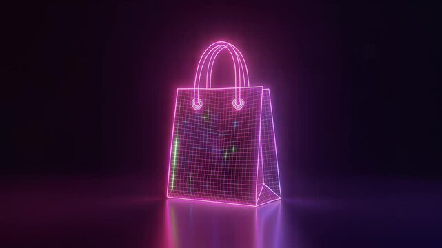 Glowing Neon Shopping Bag Animation with Grid Pattern and Vibrant Lighting, symbolizing modern retail and e-commerce
