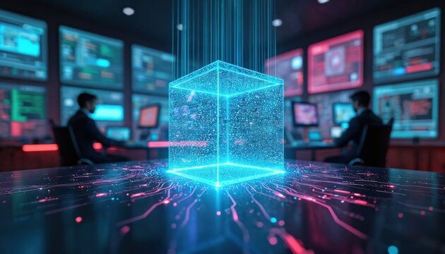 Futuristic glowing cube sits on table with circuit board pattern. People work in data center control room, screens display complex information. Future tech concept visual.