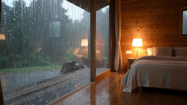 Cozy bedroom interior with large window overlooking rainy forest scene