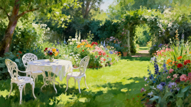 Charming afternoon tea party in a sunlit garden with cakes and blooming flowers in a lush oil painting style