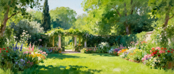 Obraz premium Serene garden pathway surrounded by blooming flowers in warm sunlight, dreamy cottage garden oil painting illustration