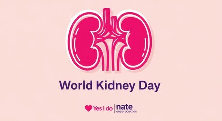World kidney day awareness campaign logo with pink kidney illustration on light pink background