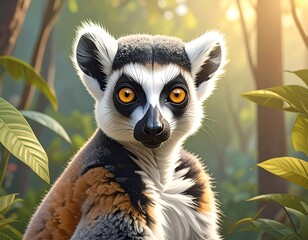 Fototapeta premium Ring-tailed Lemur Portrait in Lush Madagascar Rainforest.