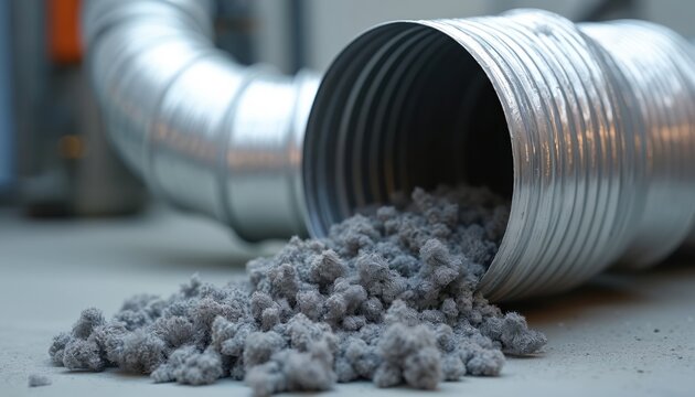 Aluminum dryer vent tube clogged with gray lint accumulation. Flexible metal pipe shows buildup from clothes drying. Needs cleaning for safety and efficiency.