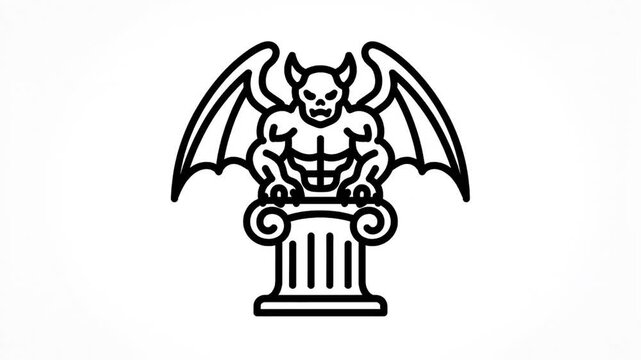 Gargoyle-like creature appearing on a classical pillar in line art style.