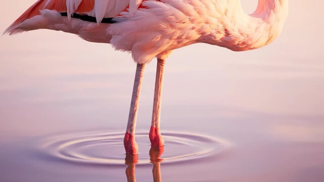 Close-up flamingo legs in water reflection at dusk with pink serene background.