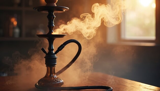 Black hookah device sits on table emitting clouds of aromatic smoke. Warm ambient light fills room. Oriental shisha pipe for relaxation and social gathering.