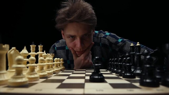 A young man is sitting in front of a chessboard with pieces and thinking about the next move. The chess player is assessing the risks before making the first move. A thoughtful chess player