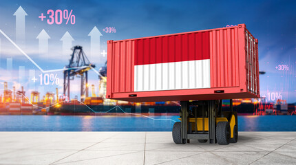 Indonesian Trade Growth: A forklift proudly carries a shipping container adorned with the Indonesian flag, set against a backdrop of a bustling harbor with rising financial graphs. © bao