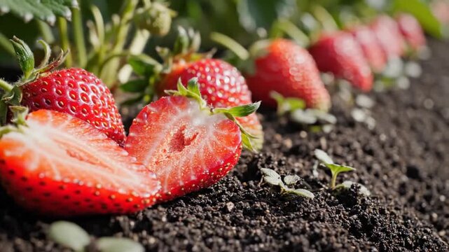 Fresh ripe strawberries growing in rich soil on a sunny day