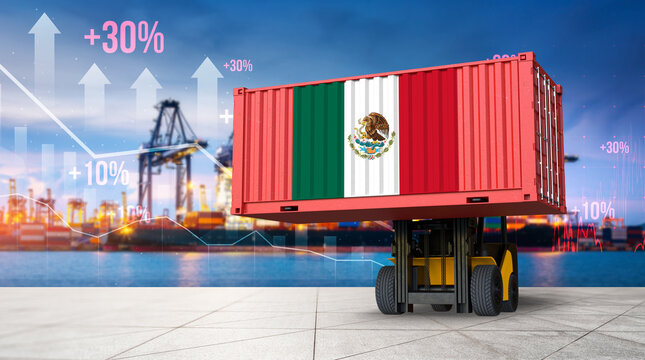 Mexican Trade: A vibrant image of a cargo container emblazoned with the Mexican flag being transported, symbolizing the nation's burgeoning import and export market.