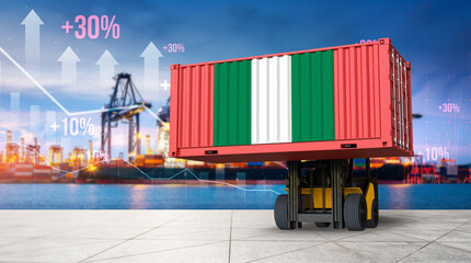 Nigeria Import-Export: A striking depiction of a shipping container emblazoned with the flag of Nigeria, strategically positioned on a forklift against the backdrop of a bustling port. © bao